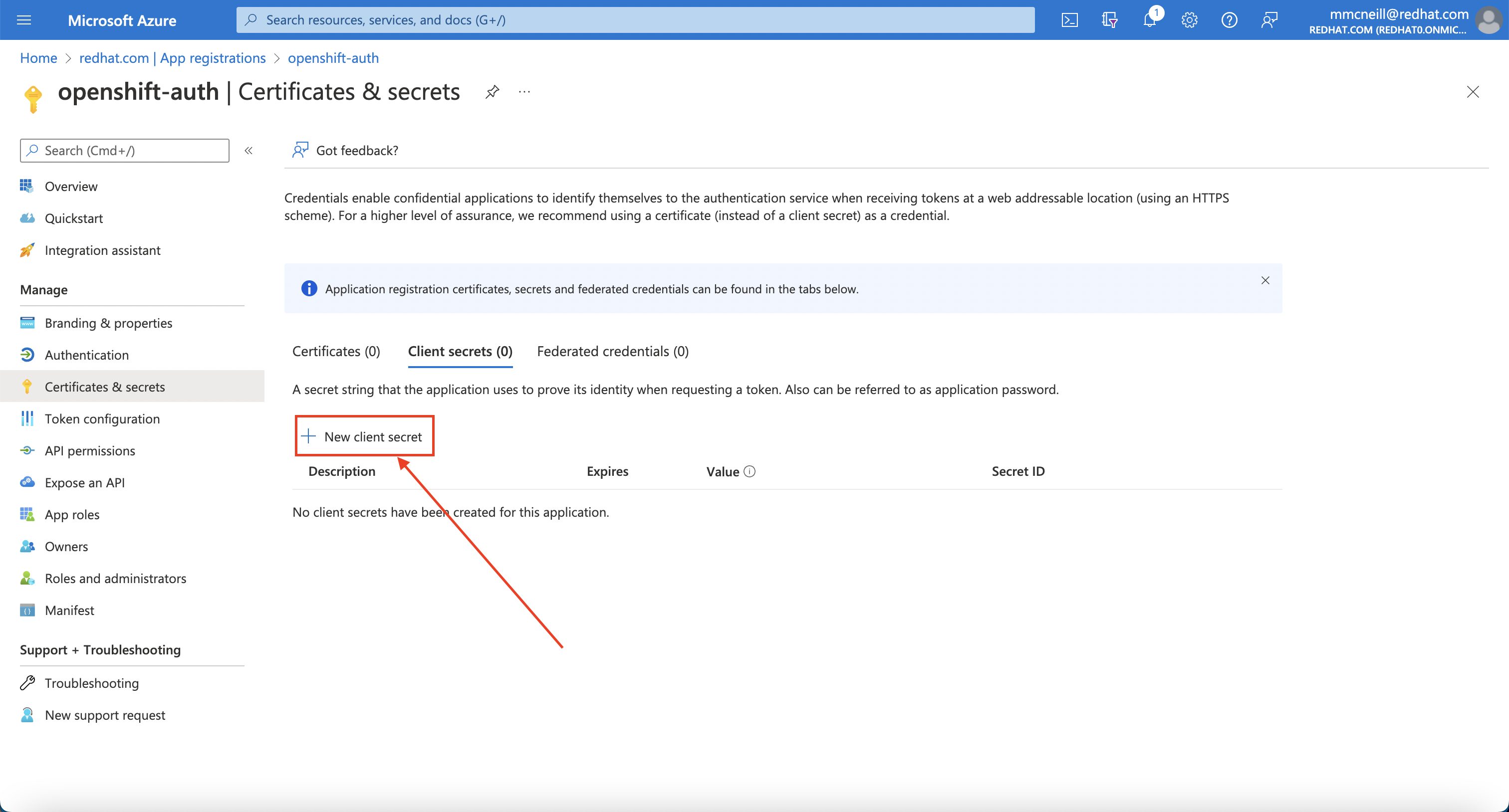 Azure Portal - Certificates & secrets page